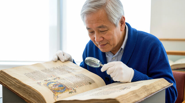 Senior Asian historian examining a medieval illuminated codex with a magnifying glass. Older man wearing white gloves studying an ancient manuscript in an archive