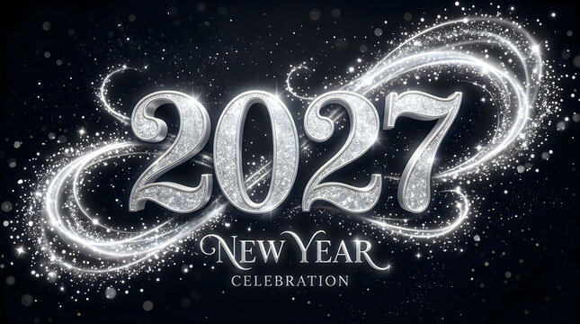 2027 new year celebration typographic design with silver glow, celebration