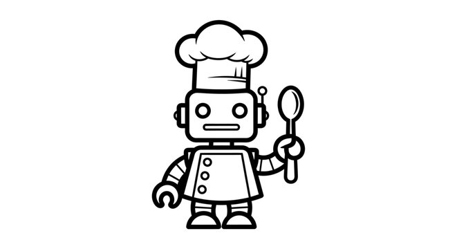 Cute cartoon robot chef with a spoon and chef hat, black and white line art, futuristic cooking concept