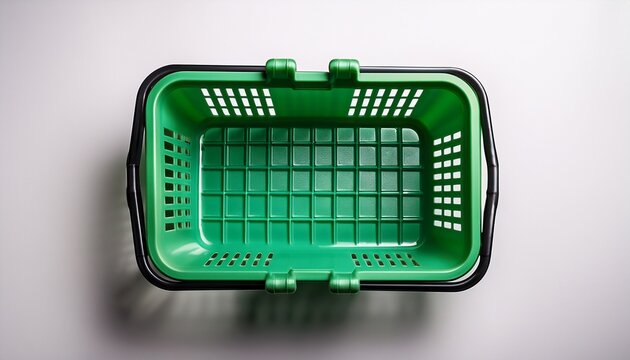 top down view of an empty green plastic shopping basket on a white background minimal and ready for use