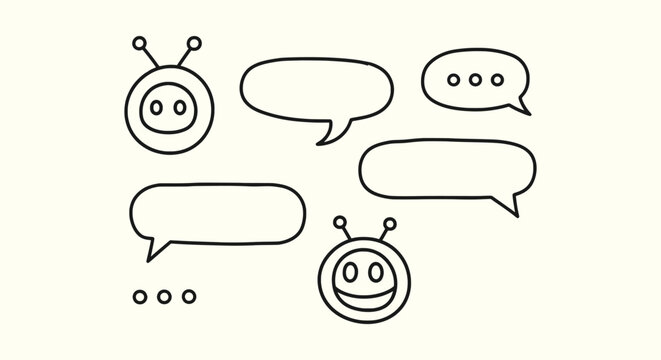 Minimalist doodle of robot faces and blank speech bubbles for technology and communication design