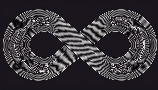 continuous line drawing of infinity symbol combined with mechanical gears for perpetual motion and technology