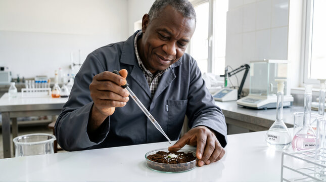 Senior Black male scientist using a pipette on a soil sample in a petri dish. Smiling researcher conducting soil pH testing in laboratory. Agricultural science and chemistry experiment