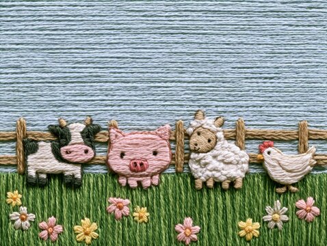 Embroidered farmyard livestock scene