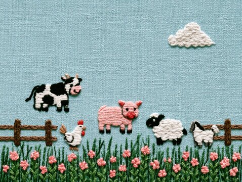 Embroidered farmyard livestock scene