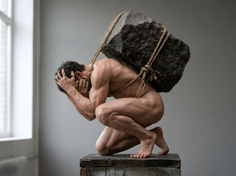 Hyperrealistic sculpture of a muscular man crouching under the heavy burden of a large stone strapped to his back, expressing pain and stress