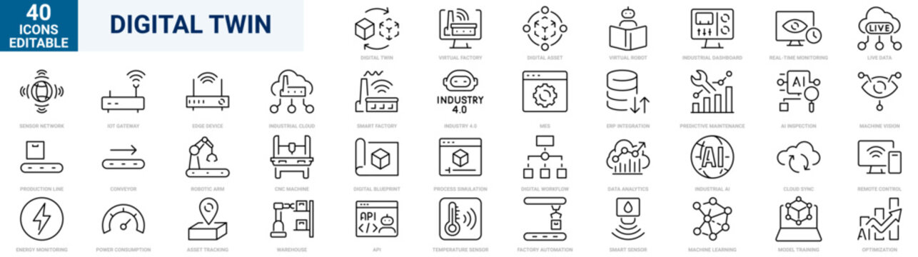 Digital Twin Line Icons Set. Outline Smart Factory, Industrial IoT, Industry 4.0, Factory Automation Editable Stroke Vector