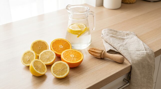 Freshly sliced lemons and oranges beside a glass pitcher of citrus water and a wooden reamer