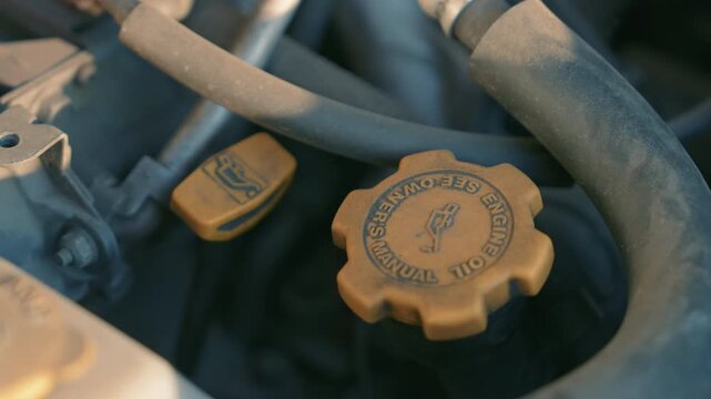 Car Engine Oil Cap Close Up | Rotating Camera Around Dipstick Under Hood | Detailed Automotive Maintenance