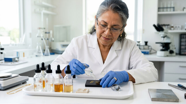 Female jeweler testing gold purity with acid kit in laboratory. Professional woman using chemical solution on touchstone to assay precious metal