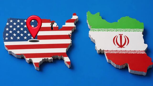 3d maps of the united states and iran with flags on blue background video 