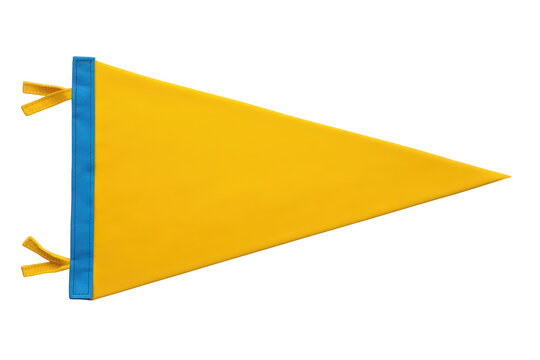 Blank yellow pennant with blue trim and hanging loops, ready for custom design, on a transparent background