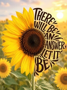 A vibrant sunflower with bold yellow petals stands out in the image, complemented by an uplifting inspirational quote