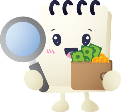 Cute notepad character holds money and a shopping bag
