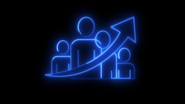 Neon graphic of human figures with upward arrow representing teamwork and professional development on a dark background