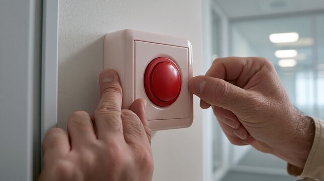 Technician screwing a red panic button unit onto a wall surface. Concept of emergency alarm installation.