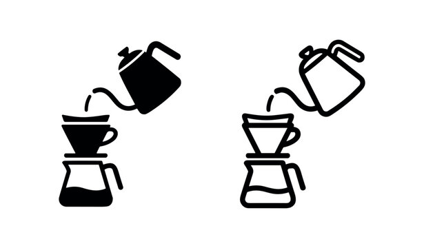 Pour over coffee brewing with detailed kettle and carafe, two styles
