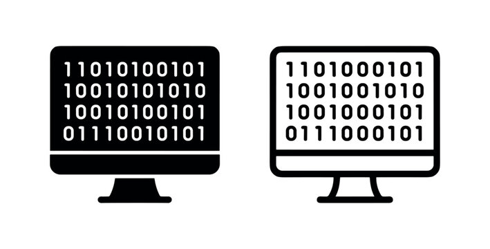 Computer monitor displaying binary code, representing digital data, programming, and cybersecurity.