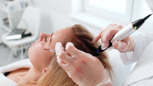 Caucasian girl undergoes scalp treatment to stimulate hair regrowth using microneedling dermapen and vitamin injections. Procedure performed by trichologist in cosmetology clinic for hair restoration.