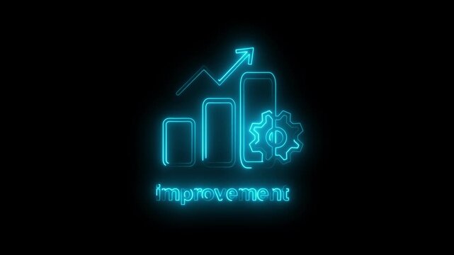 Luminous neon graphic with improvement text bar chart arrow and gear icons representing business growth on dark background
