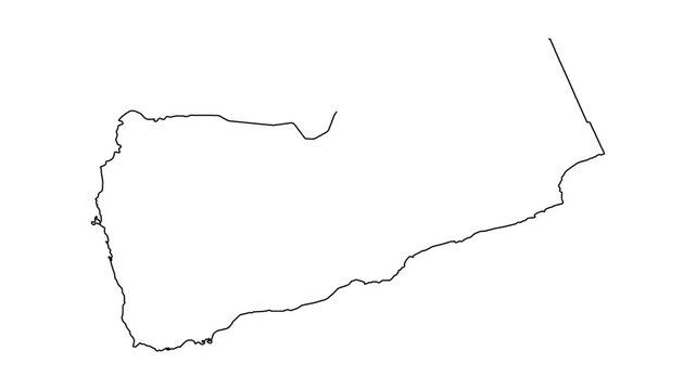 Animation showing sequential drawing of map outline of Yemen state in thin black lines.