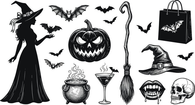 Vintage Halloween hand drawn engraving vector set featuring witch silhouette spooky jack o lantern pumpkin skull bats cauldron and broomstick isolated on white background