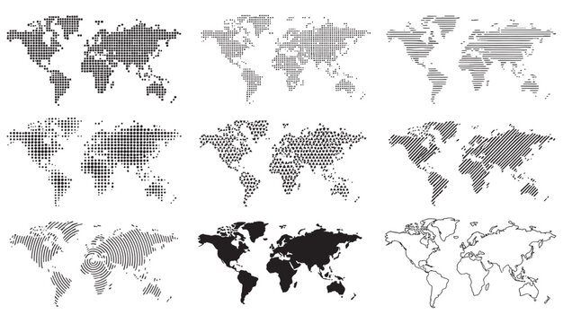 Halftone world map with dot pattern, dotted globe continents graphic, black and white Earth planet, global geography elements, digital simple travel infographics. Vector isolated concept