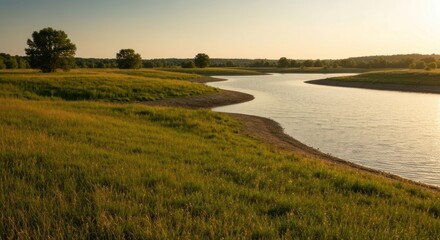 Naklejka premium Golden hour landscape, river winding through grassy field, few trees, warm sunlight