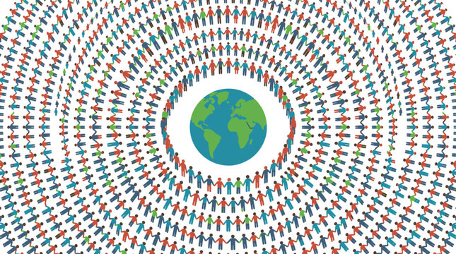 Concentric circles of people holding hands around earth globe for global unity.