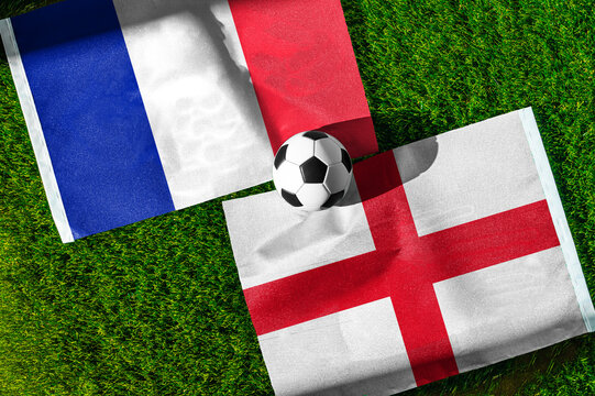 France vs England, Third place match, national flags before international football match, football on green grass with stadium in the background, Miami Gardens, July 18, 2026.