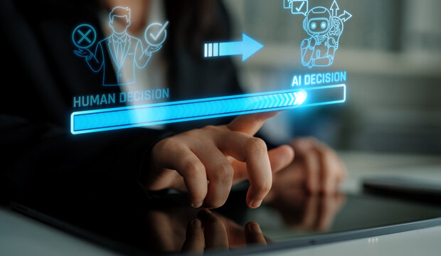 Human Decision-Making and AI Interaction in Modern Technology Landscape with Digital Interface and Futuristic Elements. Liminal.