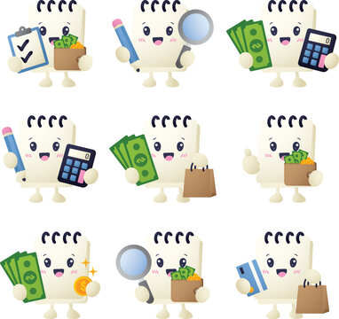 Cartoon notepad character holds various money, tools, and bags