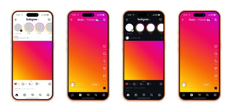 instagram social media post mockup mobile app ui screens with feed reels story light and dark mode