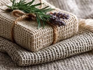 Obraz premium Woven soap wrapper mockup with rosemary