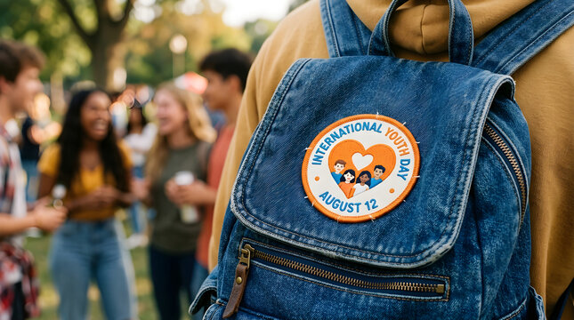 Denim backpack with orange patch on shoulder of person in crowd, urban life