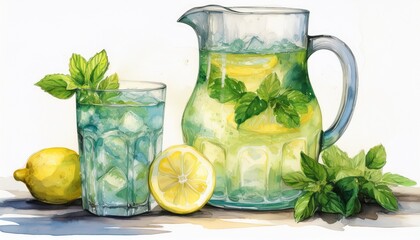 Fototapeta premium watercolor of lemonade pitcher and glass with mint and ice