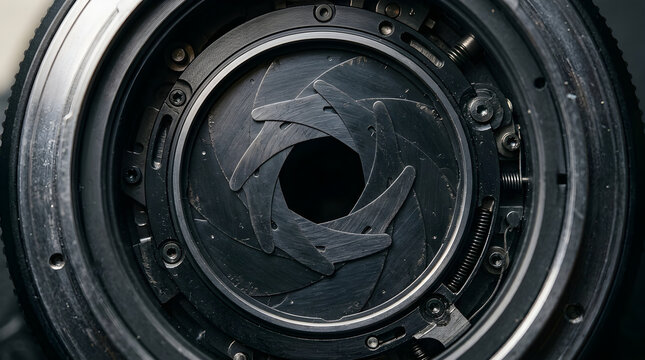 Close-up of a camera lens aperture with a black and white filter effect