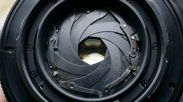 Close-up of a camera lens aperture with a detailed view of the blades, aperture