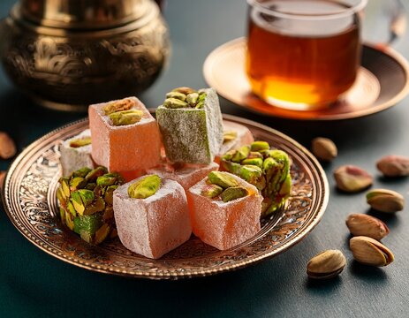 assorted turkish delight cubes with pistachios on a decorative plate with tea