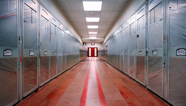 a long empty school hallway with rows of metal lockers lining both sides and a red stripe on the floor leading to a distant door