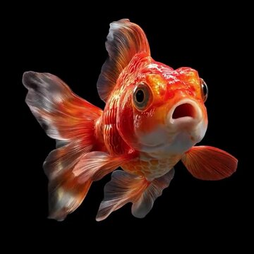 Vibrant Orange Oranda Goldfish Swimming on Black Background