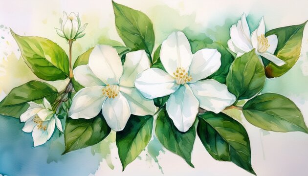 watercolor of white jasmine flowers and green leaves