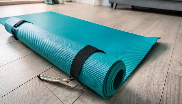 rolled teal yoga mat equipped with strap for fitness practice at home