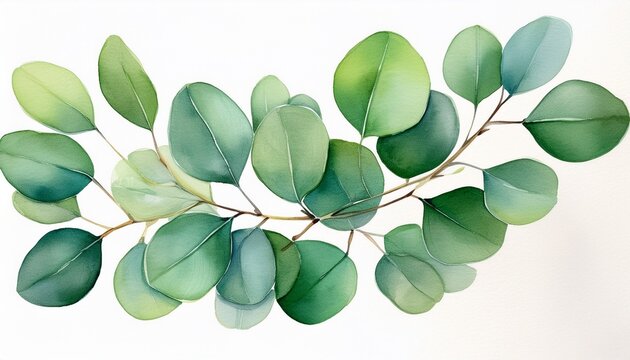 watercolor eucalyptus branch with round green leaves on white background