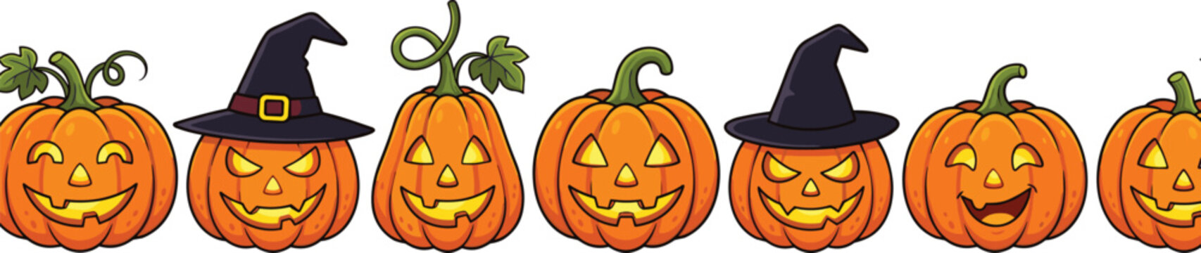 Halloween jack o lantern pumpkins vector horizontal seamless border banner with spooky glowing carved faces wearing black witch hats isolated on white background