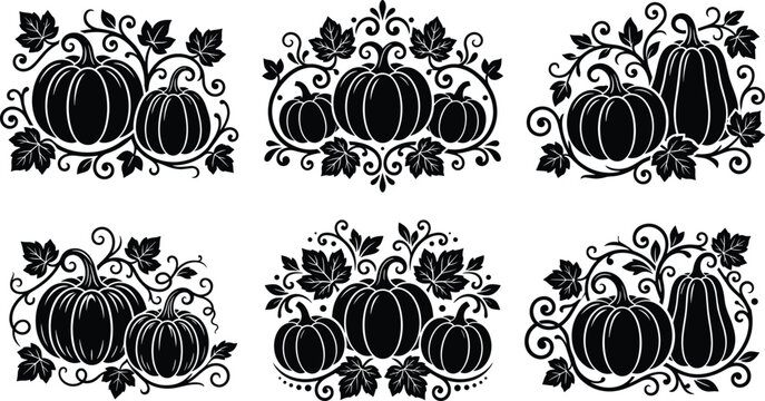 Decorative black silhouette pumpkins vector set with ornate filigree swirls and autumn leaves isolated on white background for elegant Halloween and Thanksgiving designs