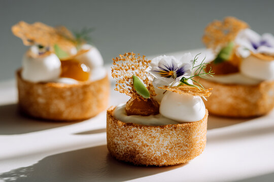 Elegant mini tarts decorated with smooth white cream, delicate edible pansy flowers, and crispy golden tuile details stand beautifully arranged in natural lighting