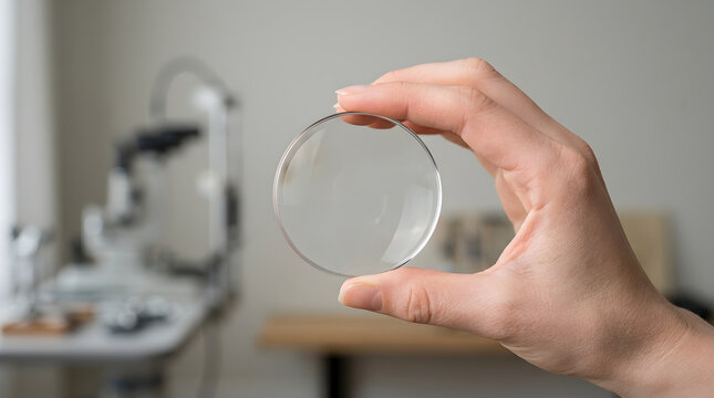 Close-up of a clear glass petri dish held by a hand in a laboratory setting