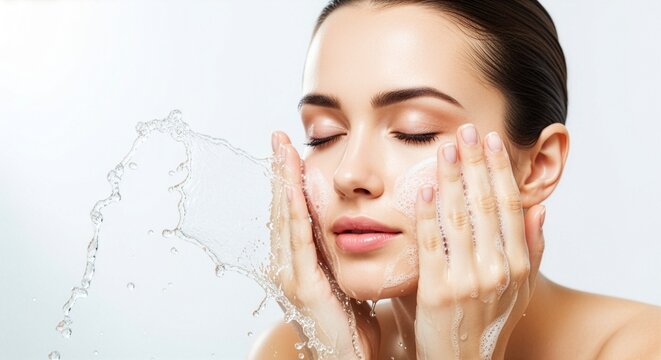 Beautiful young caucasian woman washing her face with cleansing foam and splashing water against light background, concept of daily skincare routine