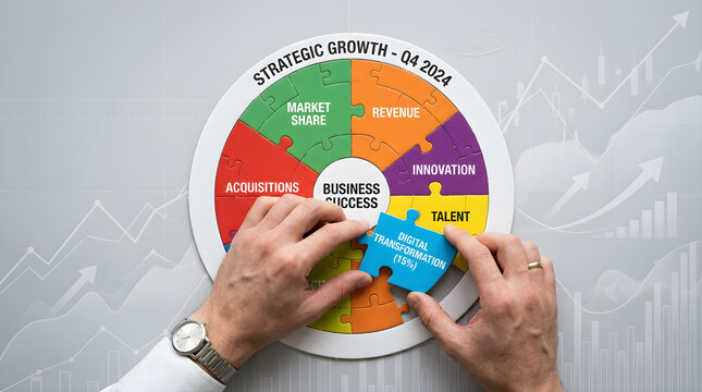 Businessman analyzing strategic growth diagram with colorful pie chart